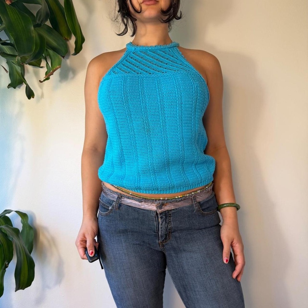 Broadway 38 Aqua Blue Crochet High Neck Knit Blouse XL Cotton Boho Summer Top